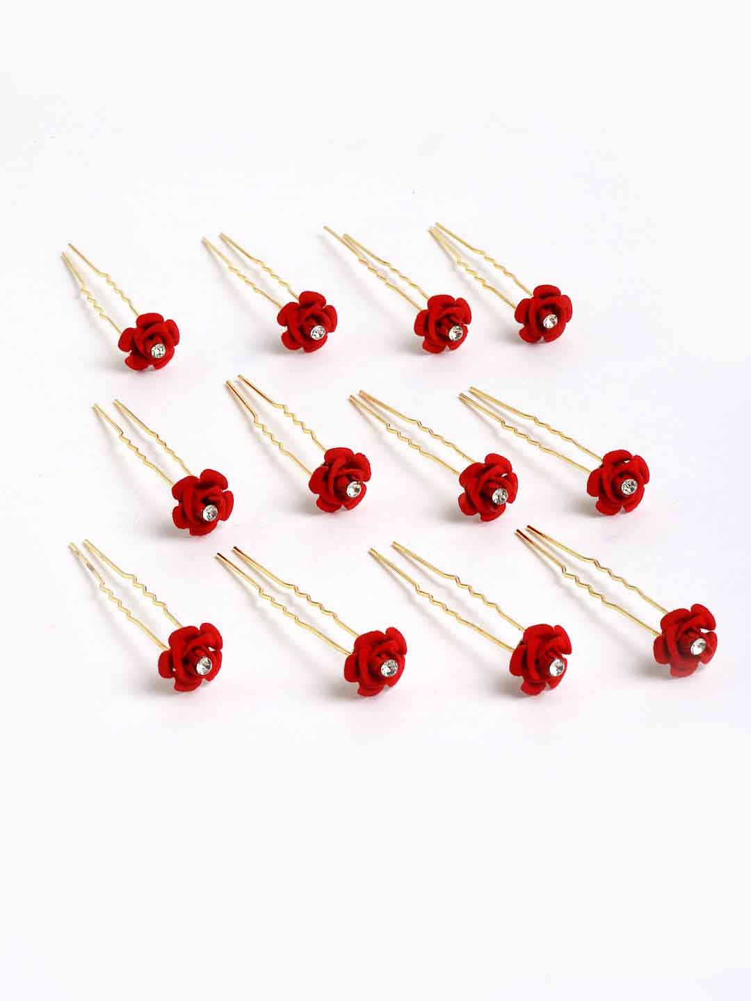 Women Gold-Toned & Red Rose Embellished U Pins