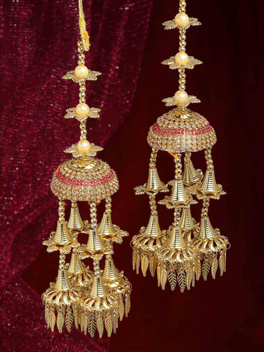 Pack Of 2 Gold-Plated Pink & Gold-Colored Stone-Studded Leaf-Shaped Bridal Kaleera