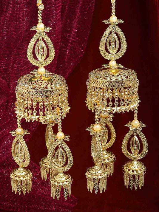 Pack Of 2 Women Gold Plated & White Beaded Bridal Layered Kaleeras