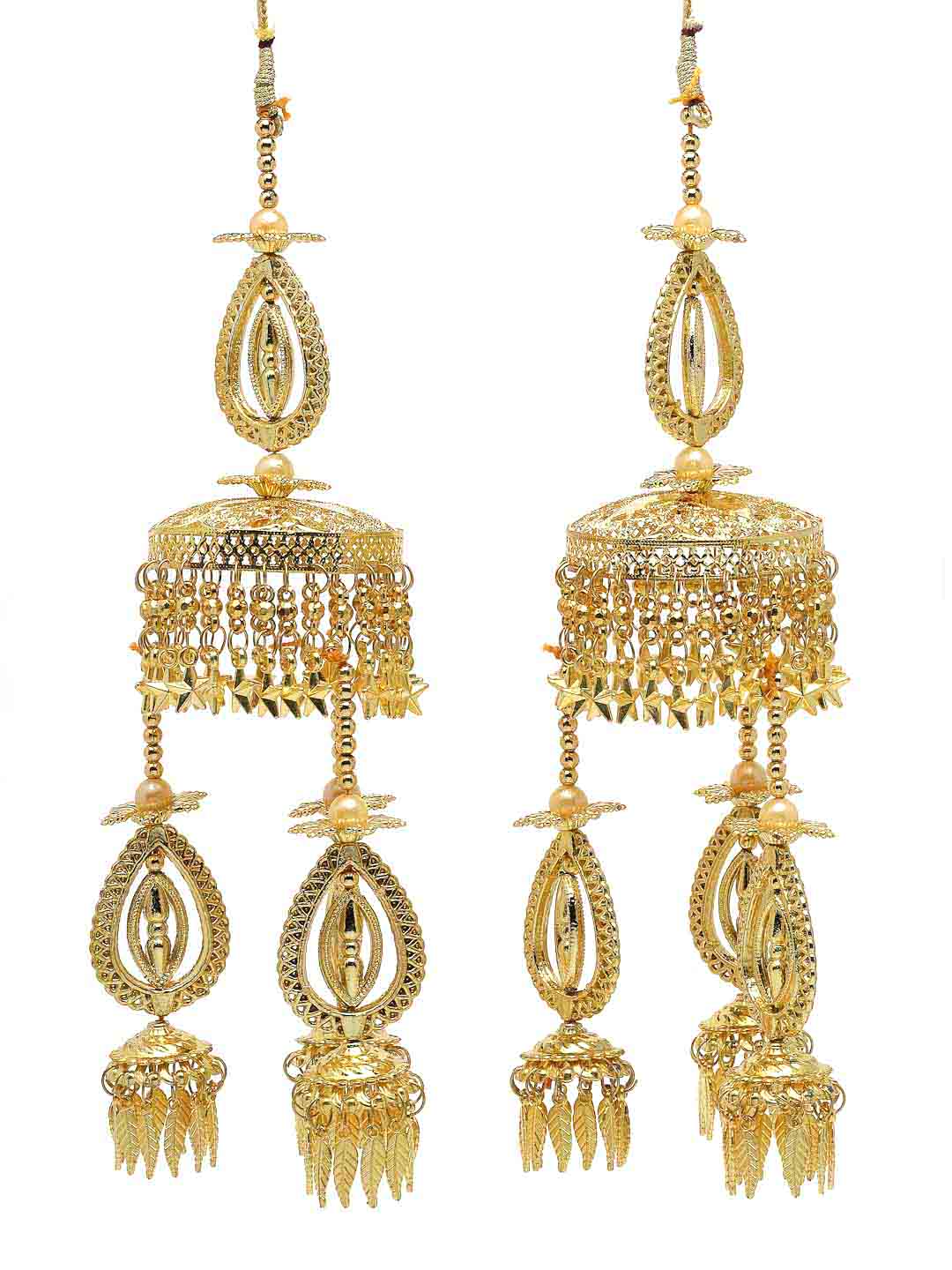 Pack Of 2 Women Gold Plated & White Beaded Bridal Layered Kaleeras