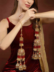 Pak Of 2 Gold-Plated & White Stone Studded & Red Beaded Bridal Layered Kaleeras