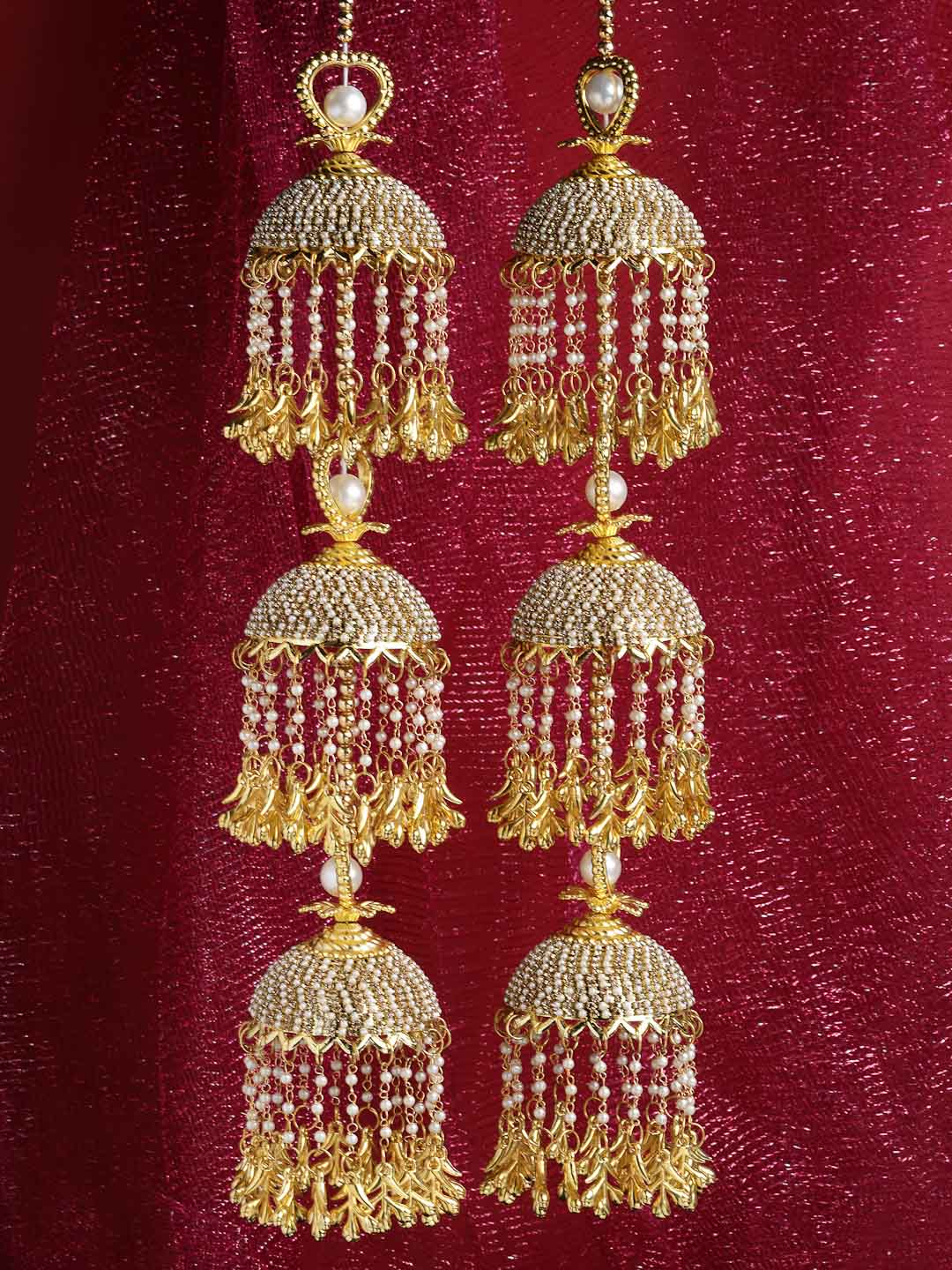 Set Of 2 Gold Plated & White Beaded Bridal Layered Kaleeras