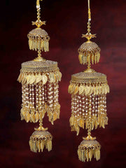 Set Of 2 Gold-Plated White CZ Stone-Studded & Beads Heavy Bridal Kaleeras