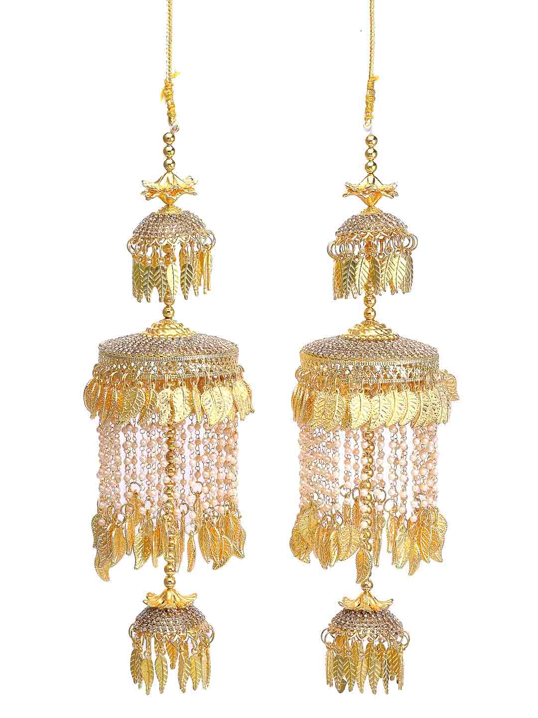 Set Of 2 Gold-Plated White CZ Stone-Studded & Beads Heavy Bridal Kaleeras