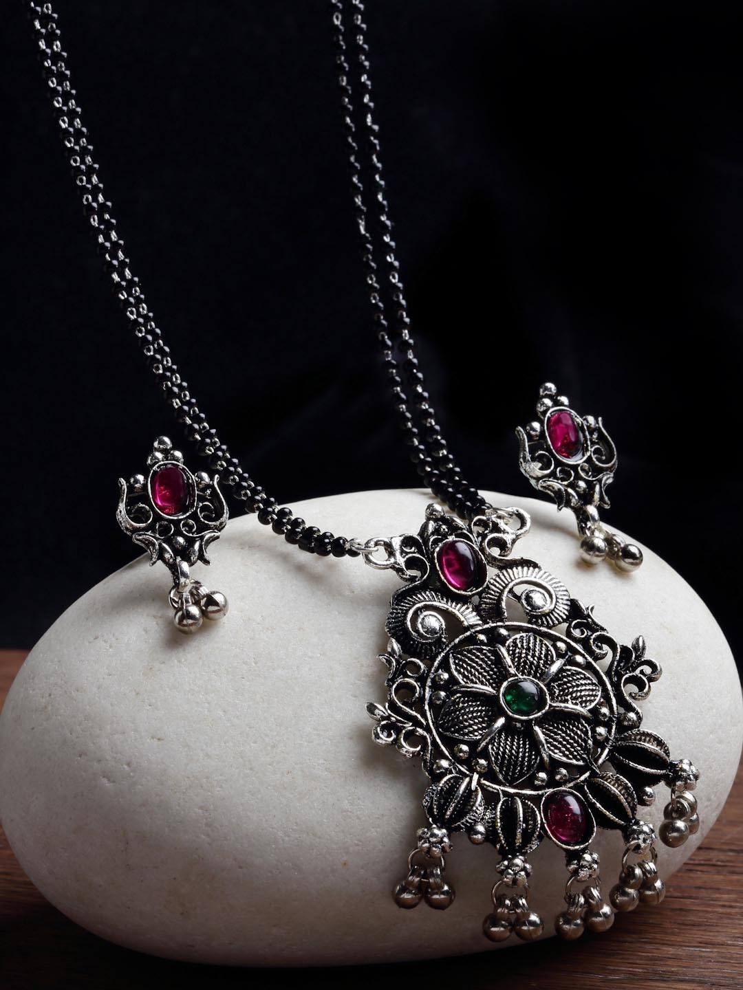 Silver-Plated Green & Pink Stone Studded Oxidised Mangalsutra