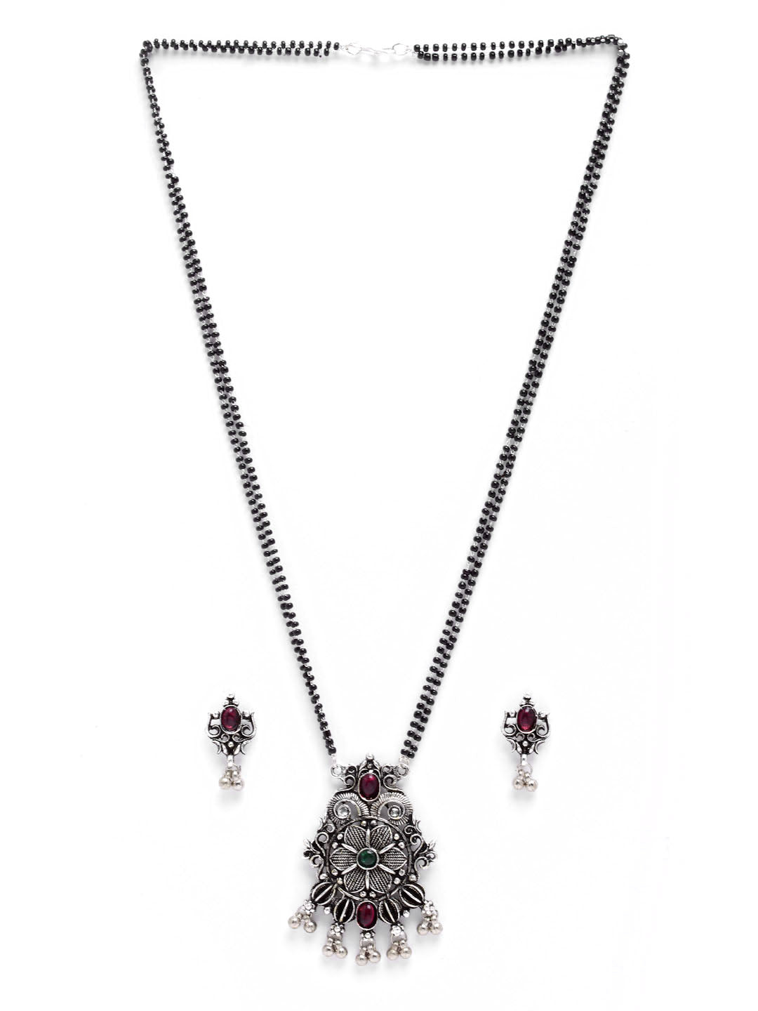 Silver-Plated Green & Pink Stone Studded Oxidised Mangalsutra