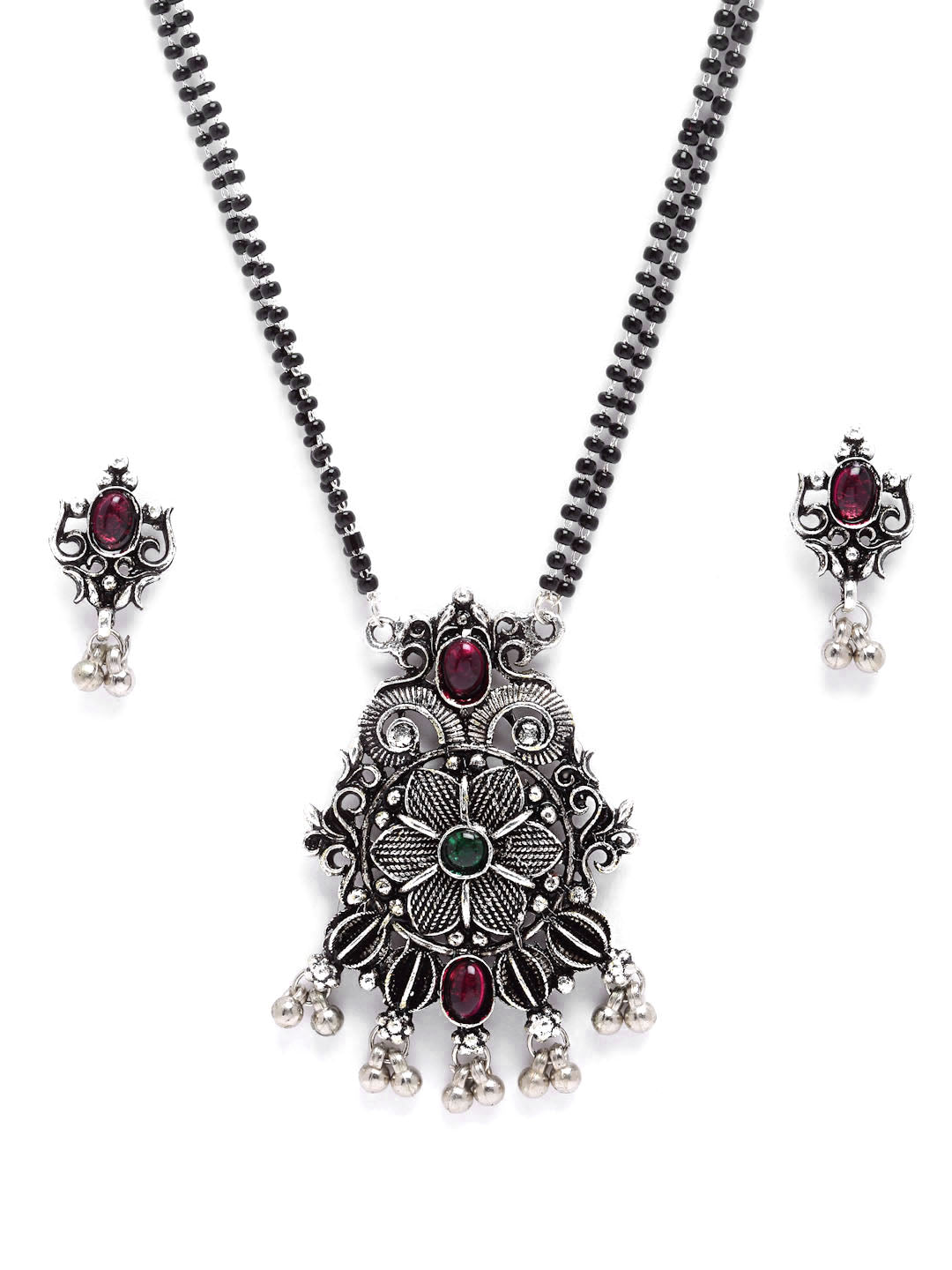 Silver-Plated Green & Pink Stone Studded Oxidised Mangalsutra