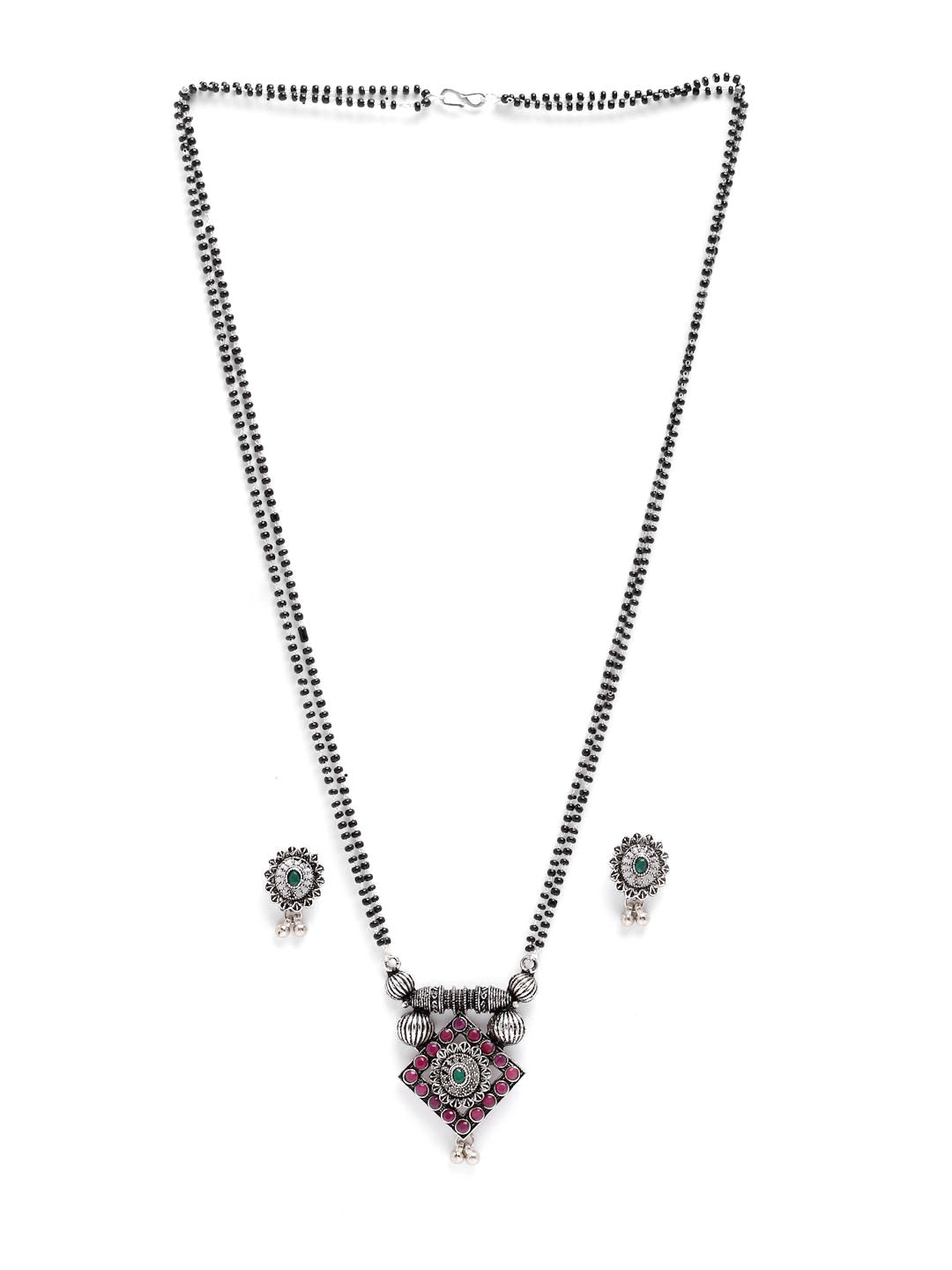 Oxidised Silver-Plated Pink & Green Stone-Studded & Black Beaded Mangalsutra Set