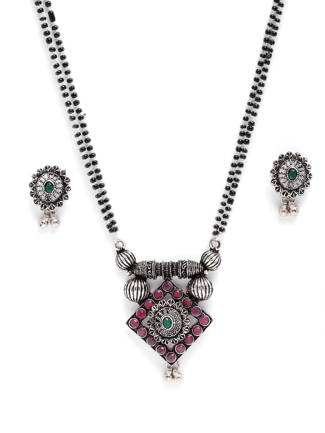 Oxidised Silver-Plated Pink & Green Stone-Studded & Black Beaded Mangalsutra Set