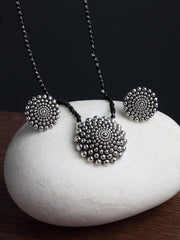 Oxidised Silver-Plated Black Beaded Mangalsutra With Earrings