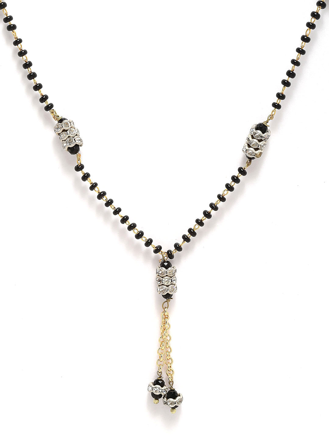 Set Of 3 Gold-Plated White CZ Stone-Studded & Black Beaded Handcrafted Mangalsutra