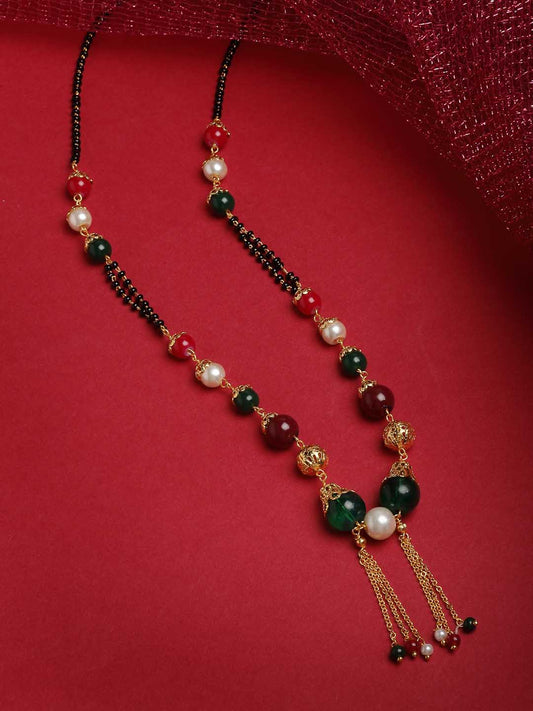 Women Gold-Plated Red & Green Pearls Beaded Mangalsutra