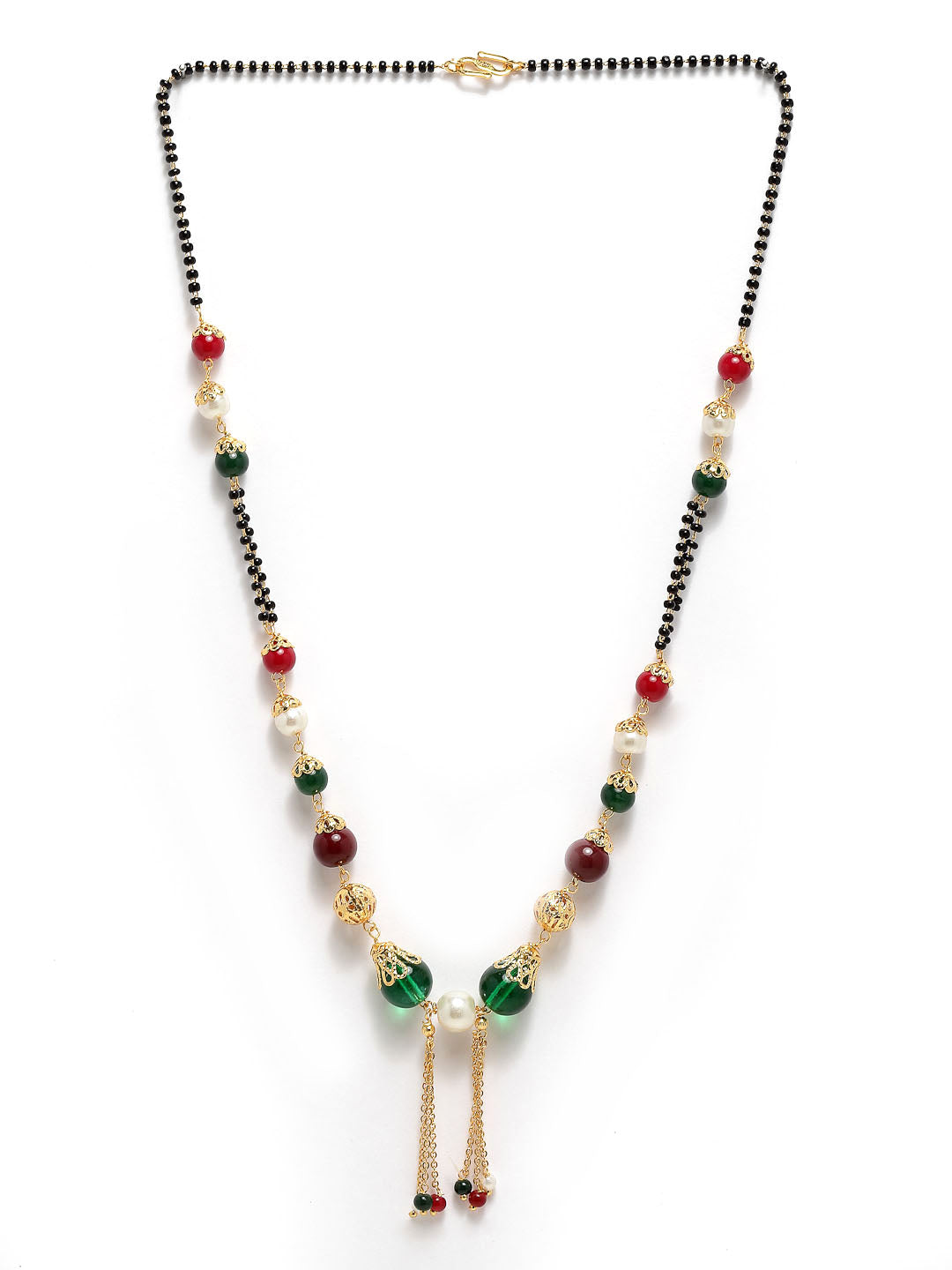 Women Gold-Plated Red & Green Pearls Beaded Mangalsutra