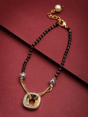 Gold-Plated Black Beaded White CZ Stone Studded & Beaded Hand Mangalsutra