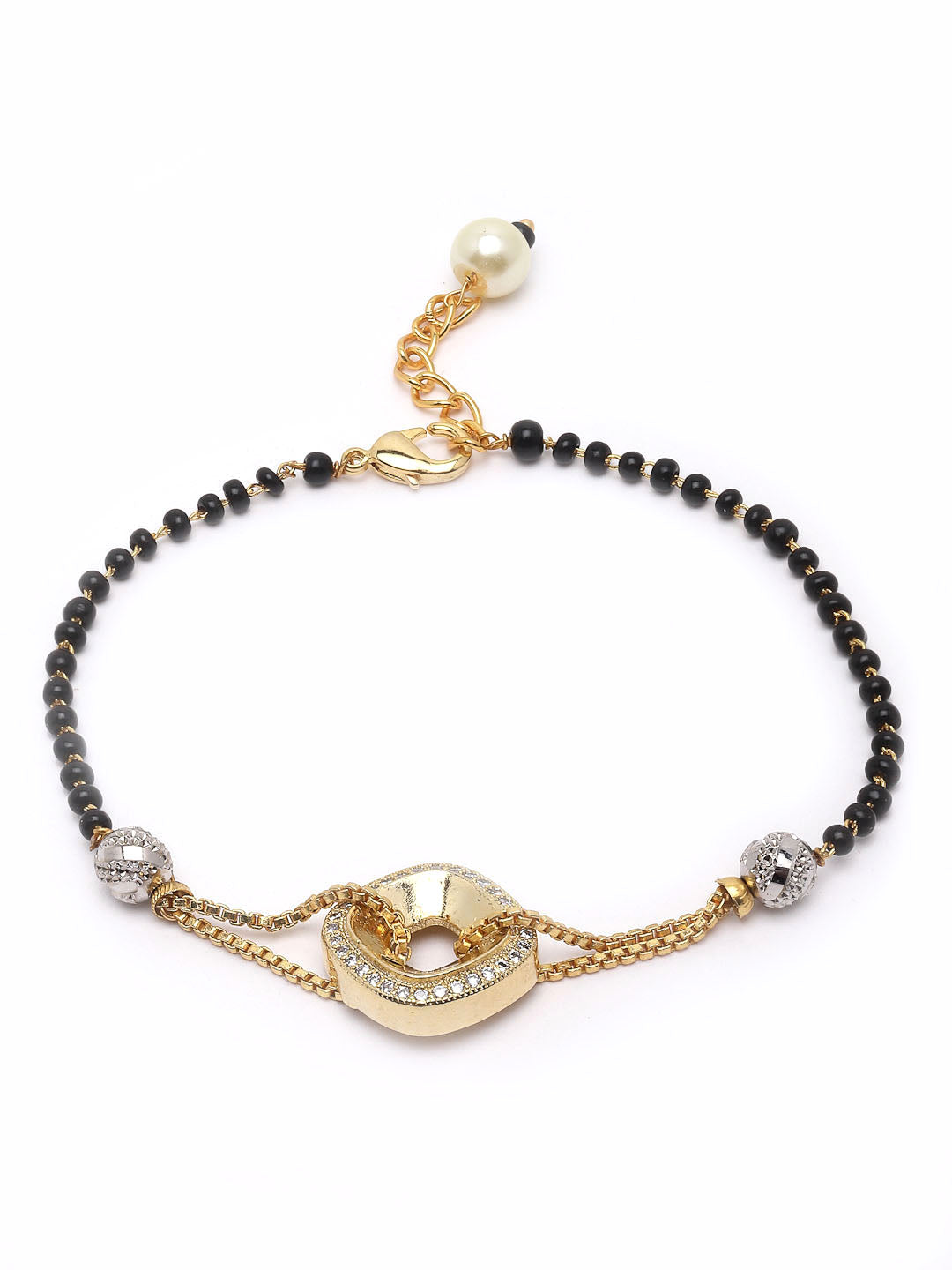 Gold-Plated Black Beaded White CZ Stone Studded & Beaded Hand Mangalsutra