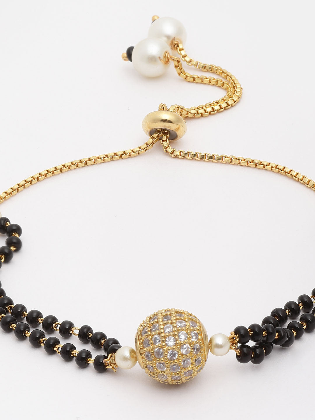 Gold-Plated Black Artificial Stones & Beads Studded Hand Mangalsutra