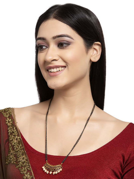 Gold-Plated & Black Pearl Beaded Mangalsutra