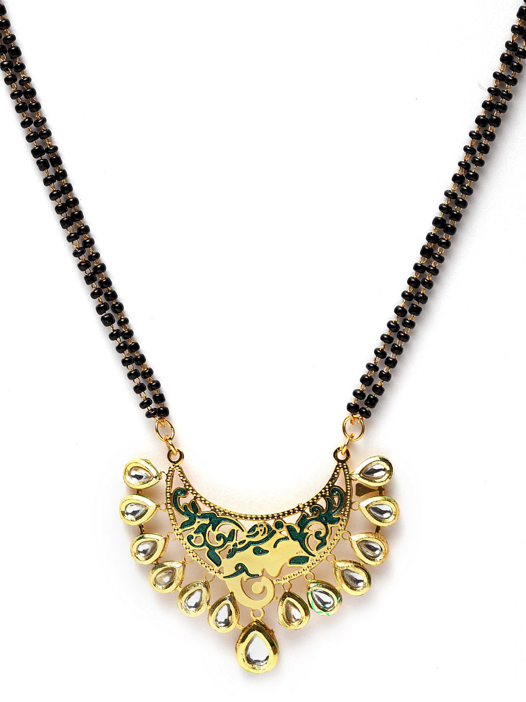 Gold-Plated Black & Green Kundan-Studded Beaded Enamelled Jewellery Set