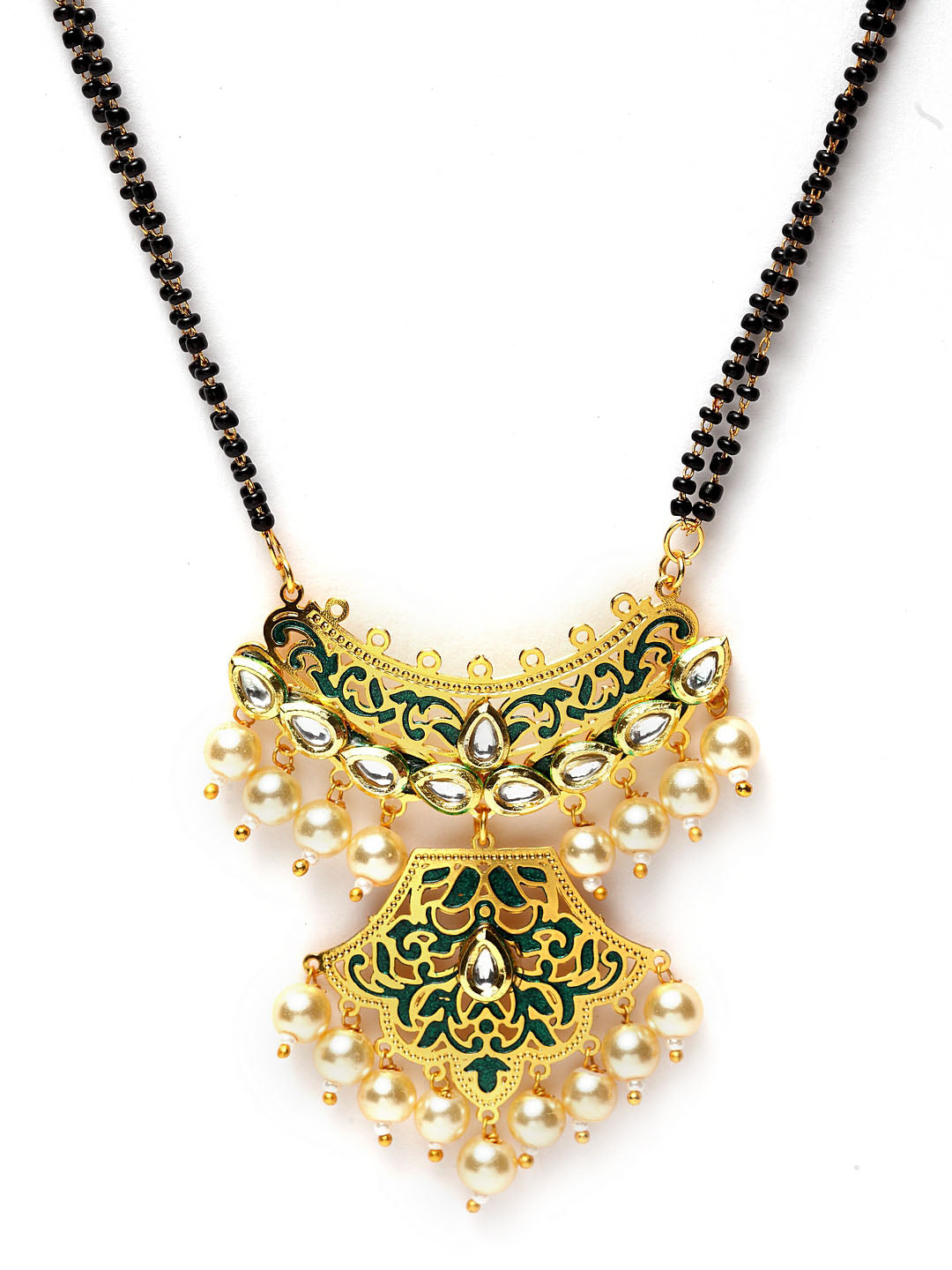 Gold-Plated Black Beaded Pearl-Studded Mangalsutra