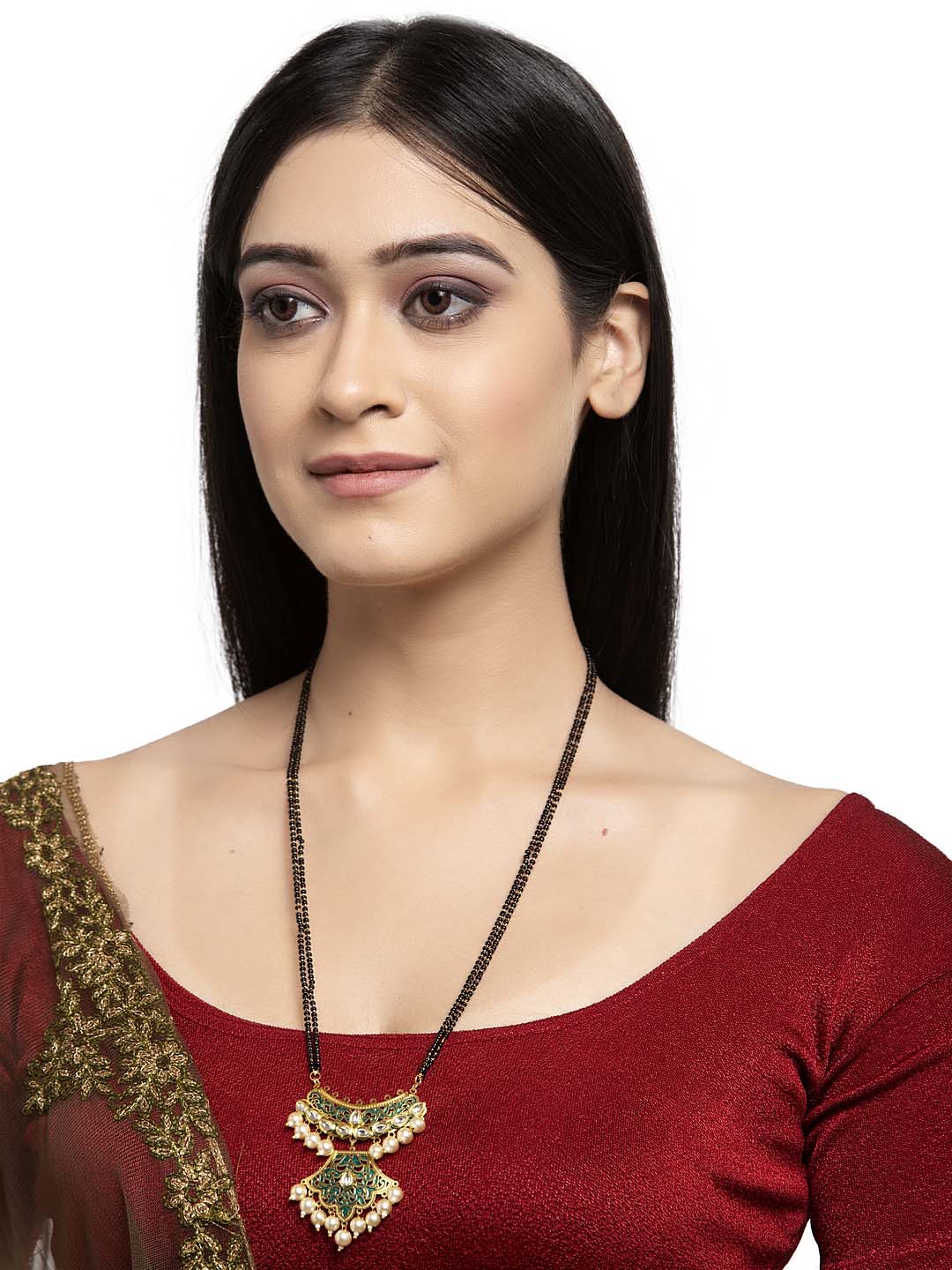 Gold-Plated Black Beaded Pearl-Studded Mangalsutra