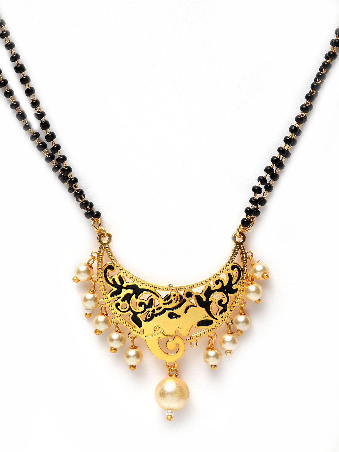 Gold-Plated Black & Beige Pearl Beaded Ganesha Mangalsutra