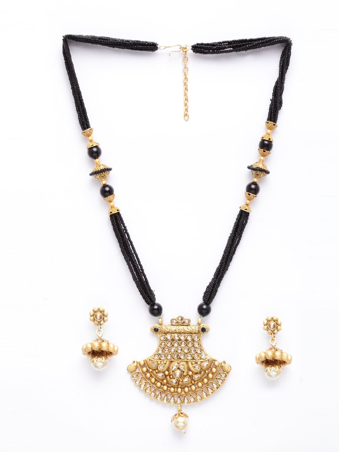 Gold-Plated Black Beads Stone-Studded Handcrafted Mangalsutra Set