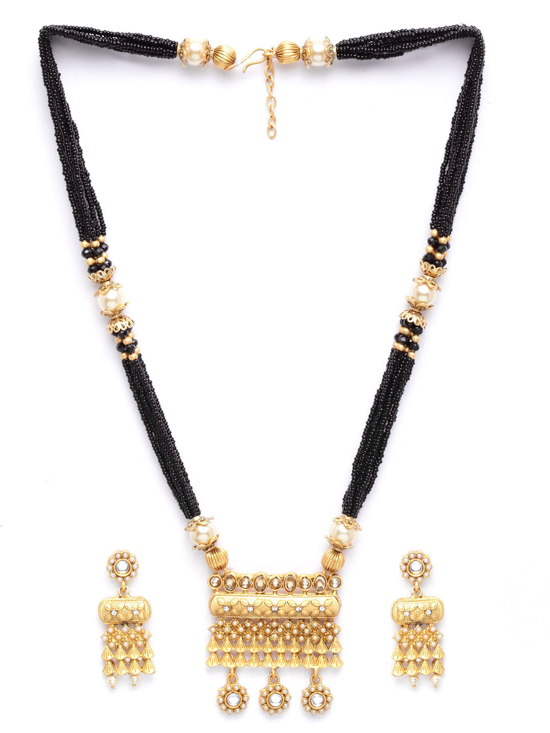 Gold-Plated Black Beads Stone-Studded Handcrafted Mangalsutra Set