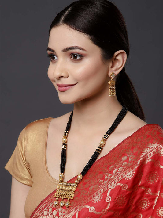 Gold-Plated Black Beads Stone-Studded Handcrafted Mangalsutra Set