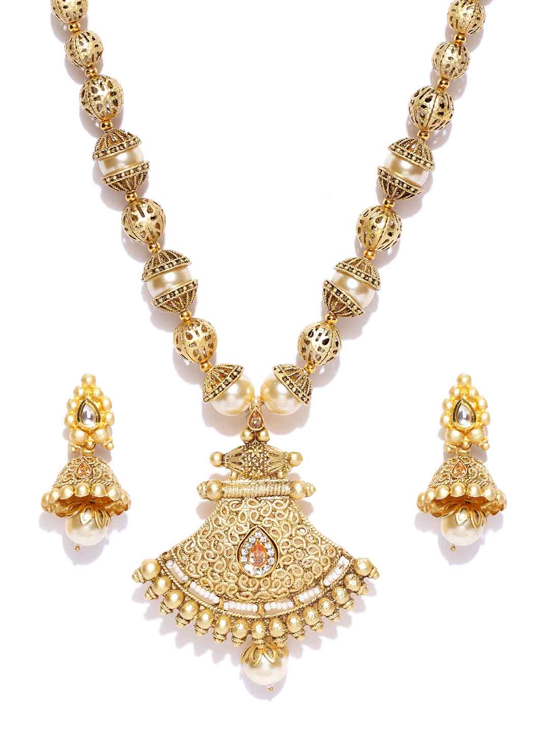 Gold-Toned & Off-White Gold-Plated Stone-Studded & Beaded Jewellery Set