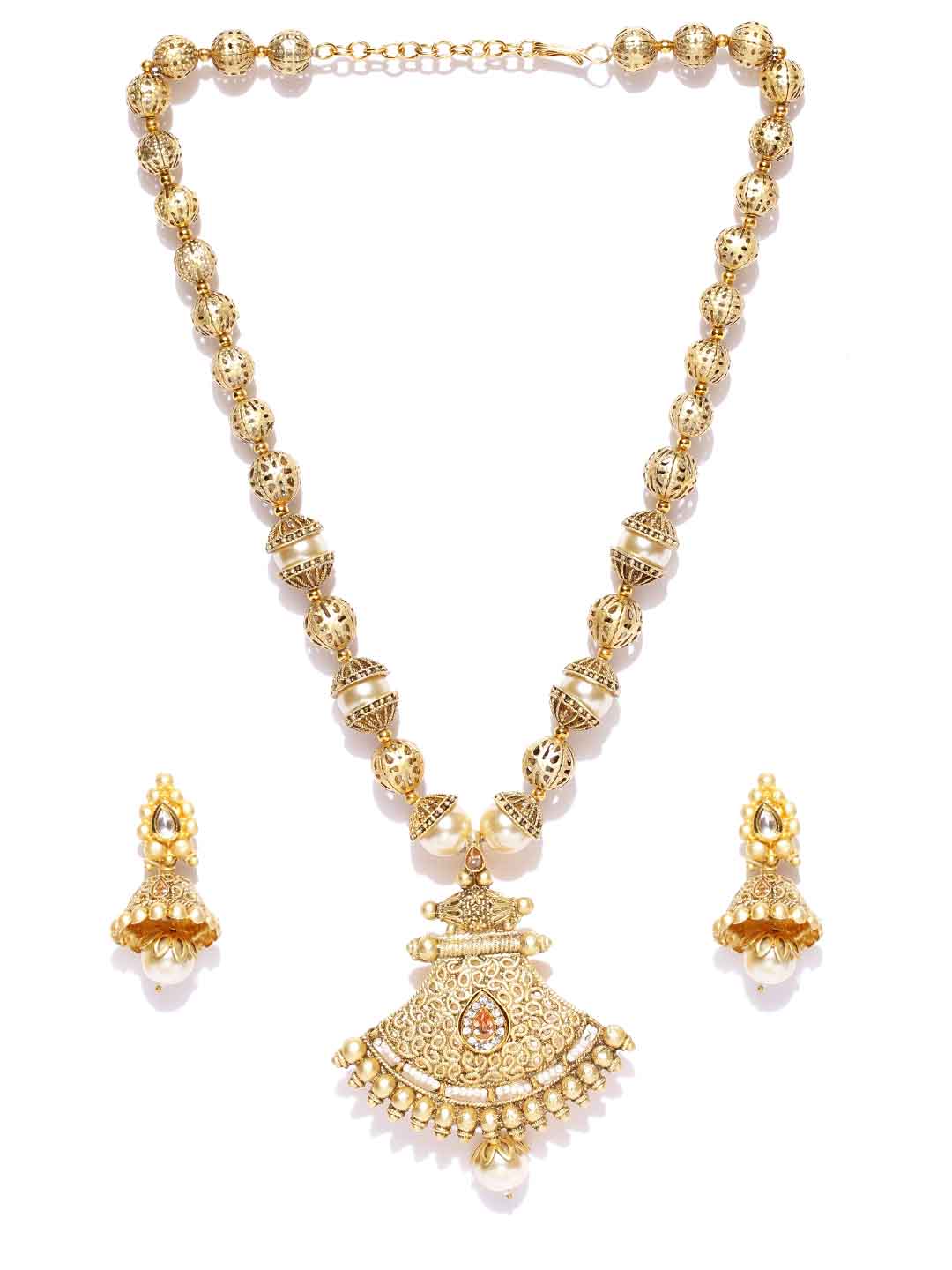 Gold-Toned & Off-White Gold-Plated Stone-Studded & Beaded Jewellery Set