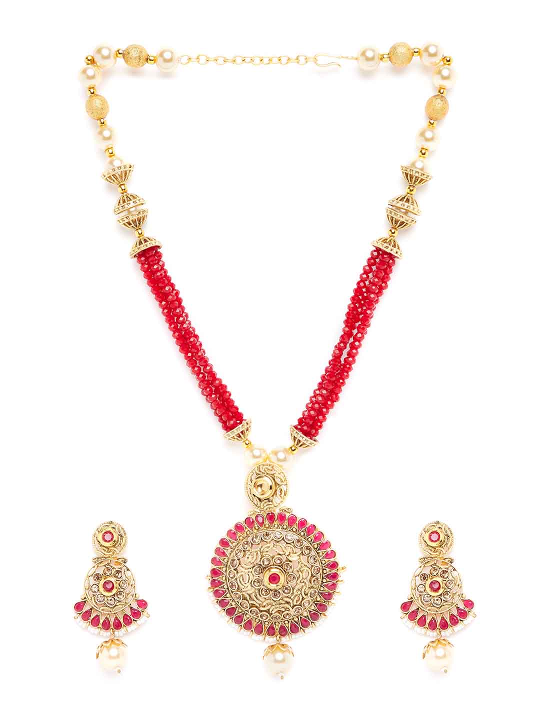 Gold-Plated & Red Kundan Studded Beaded Handcrafted Jewellery Set