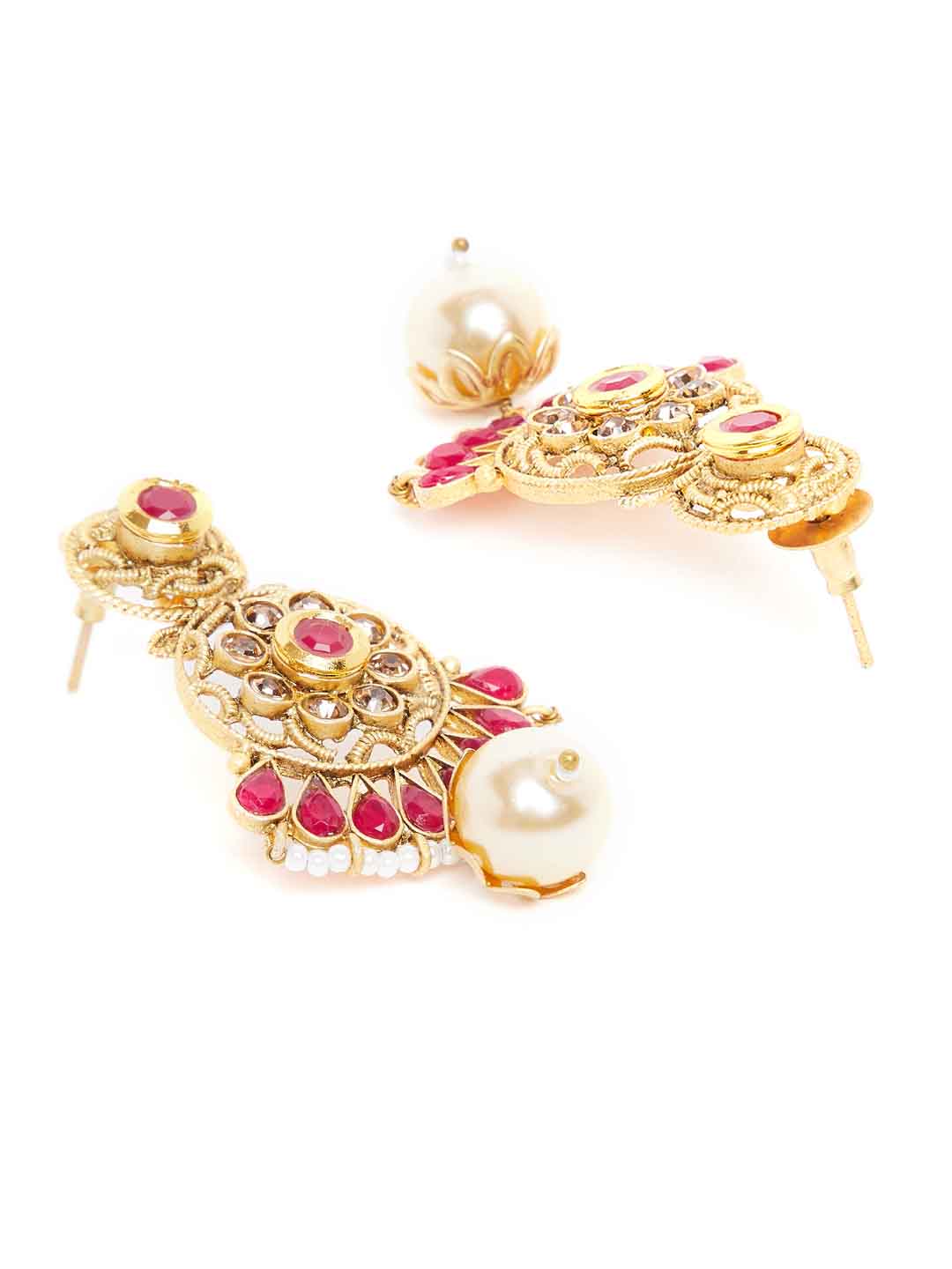 Gold-Plated & Red Kundan Studded Beaded Handcrafted Jewellery Set