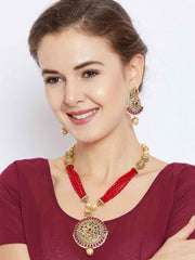 Gold-Plated & Red Kundan Studded Beaded Handcrafted Jewellery Set