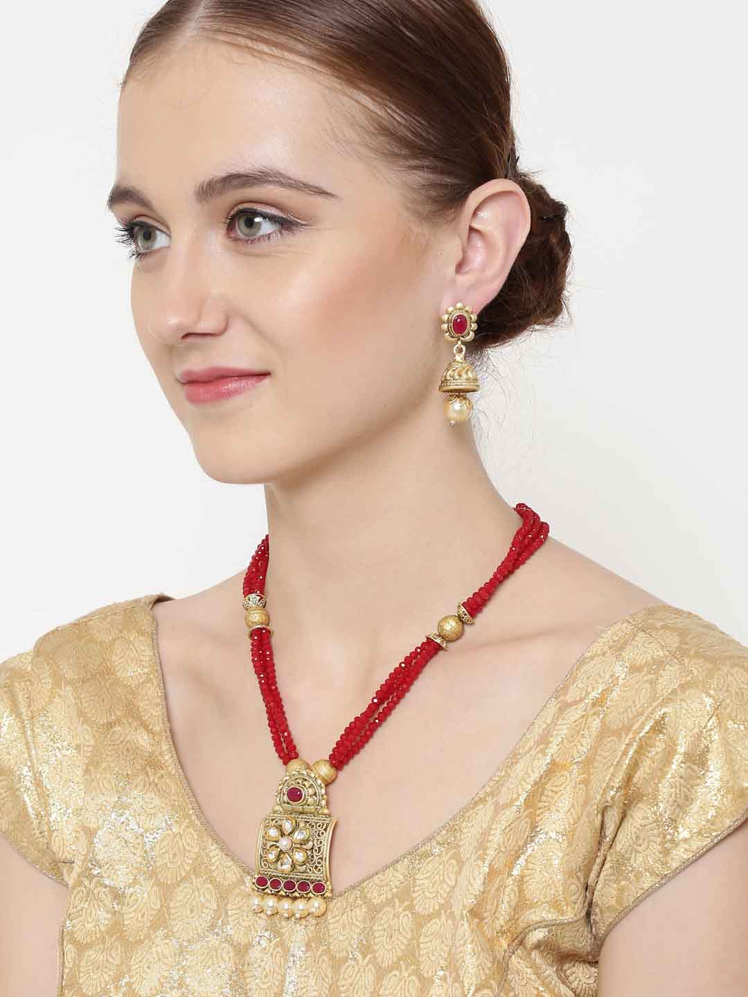 Red Gold-Plated Kundan Studded Handcrafted Jewellery Set