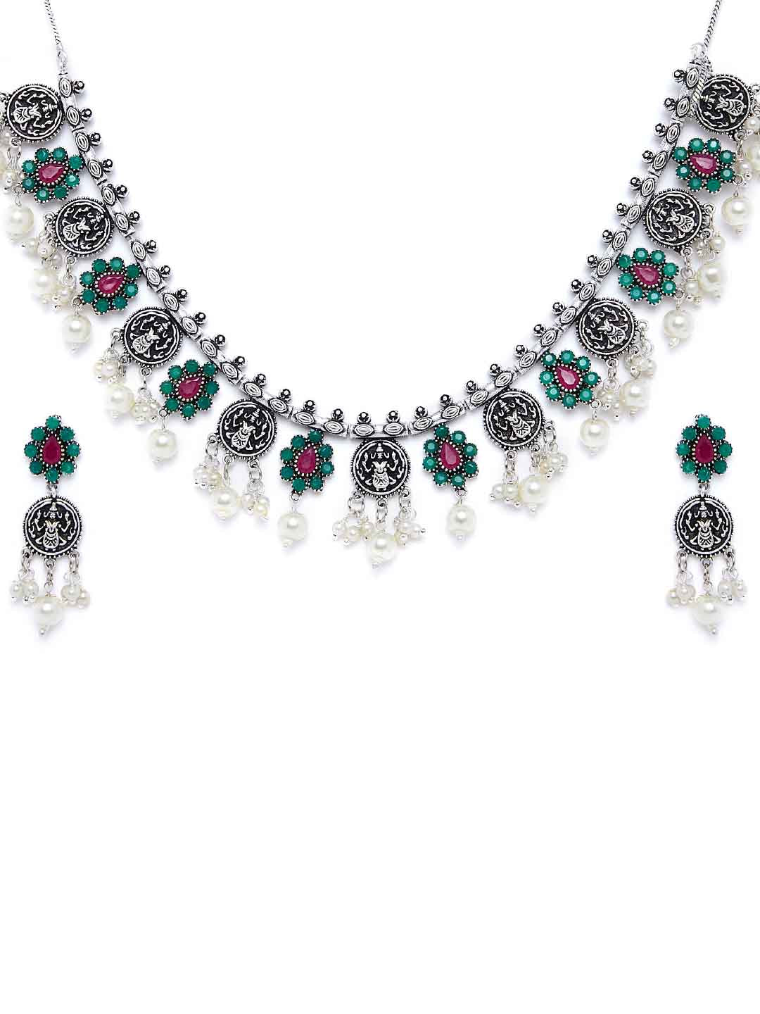 Women Silver-Plated & Pink Oxidised Stone-Studded Jewellery Set