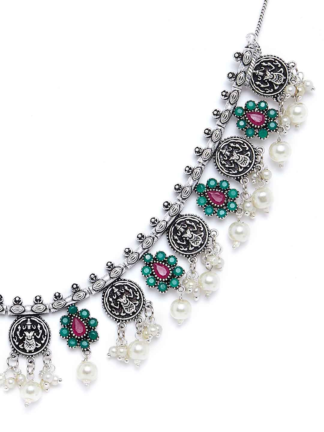 Women Silver-Plated & Pink Oxidised Stone-Studded Jewellery Set