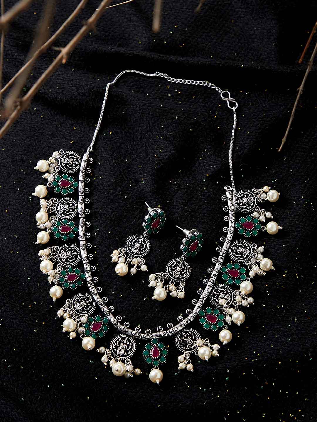 Women Silver-Plated & Pink Oxidised Stone-Studded Jewellery Set