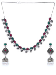 Women Silver-Plated & Red Oxidised Stone-Studded Jewellery Set