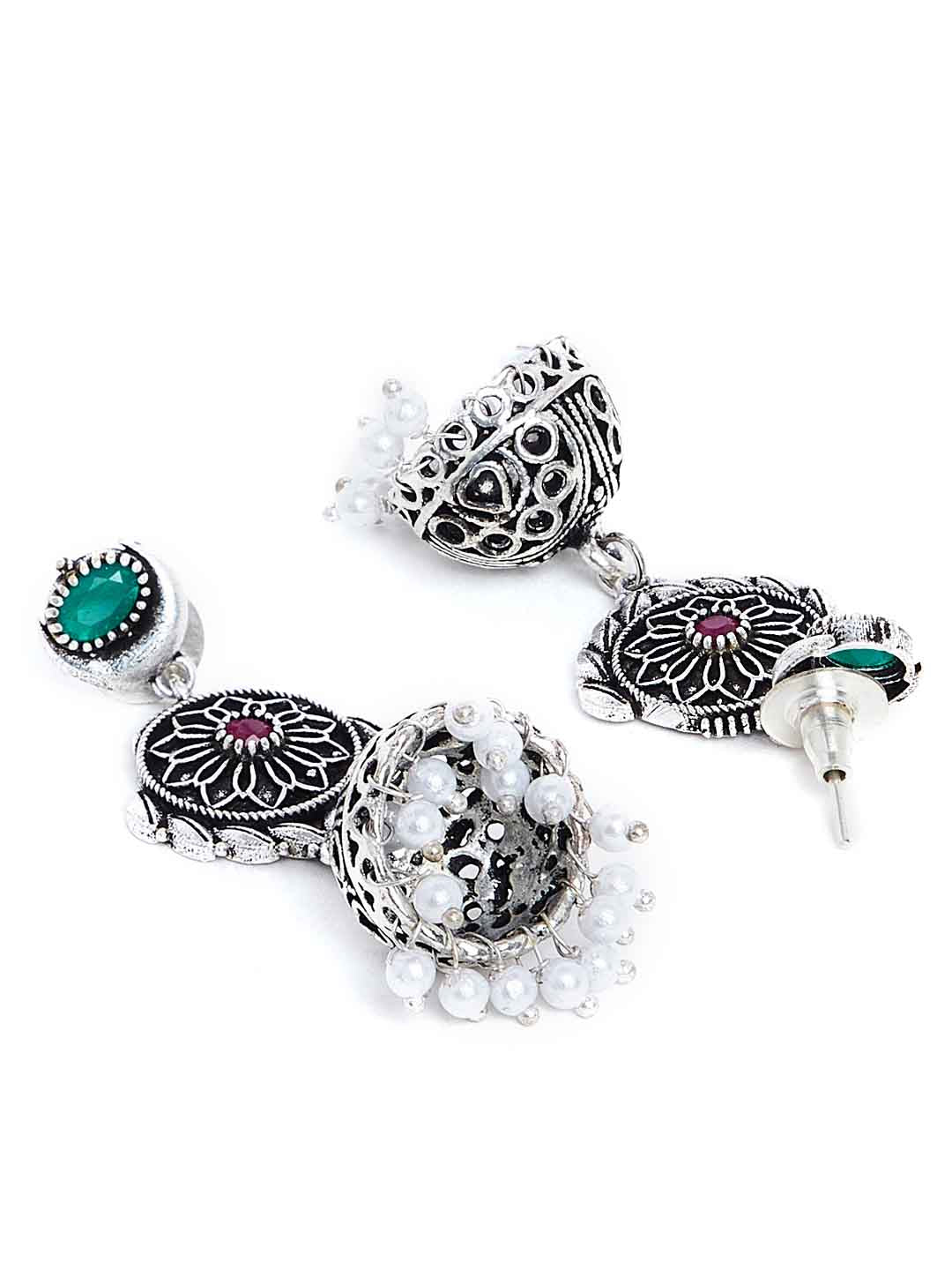 Women Silver-Plated & Red Oxidised Stone-Studded Jewellery Set