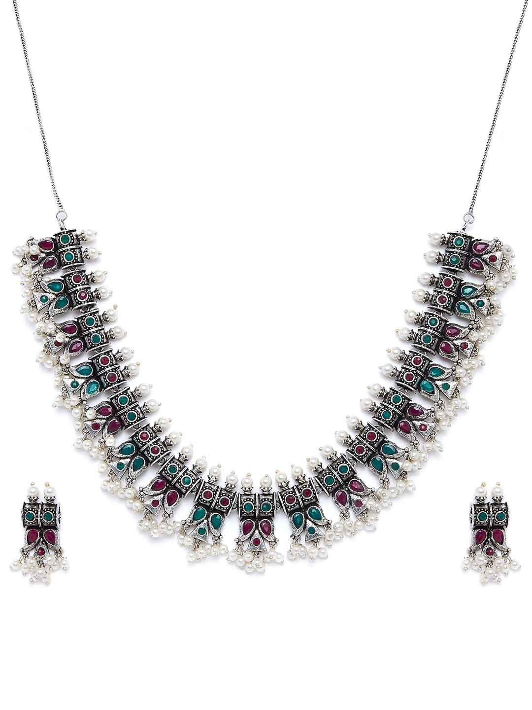 Women Silver-Plated & Green Oxidized Stone-Studded Jewellery Set