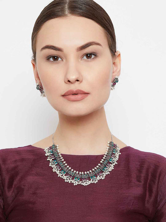 Women Silver-Plated & Green Oxidized Stone-Studded Jewellery Set