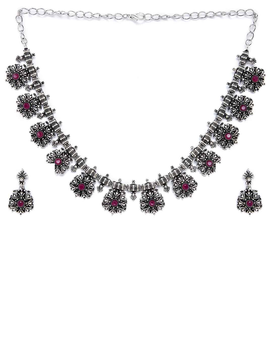 Women Silver-Plated & Pink Oxidised Stone-Studded Jewellery Set