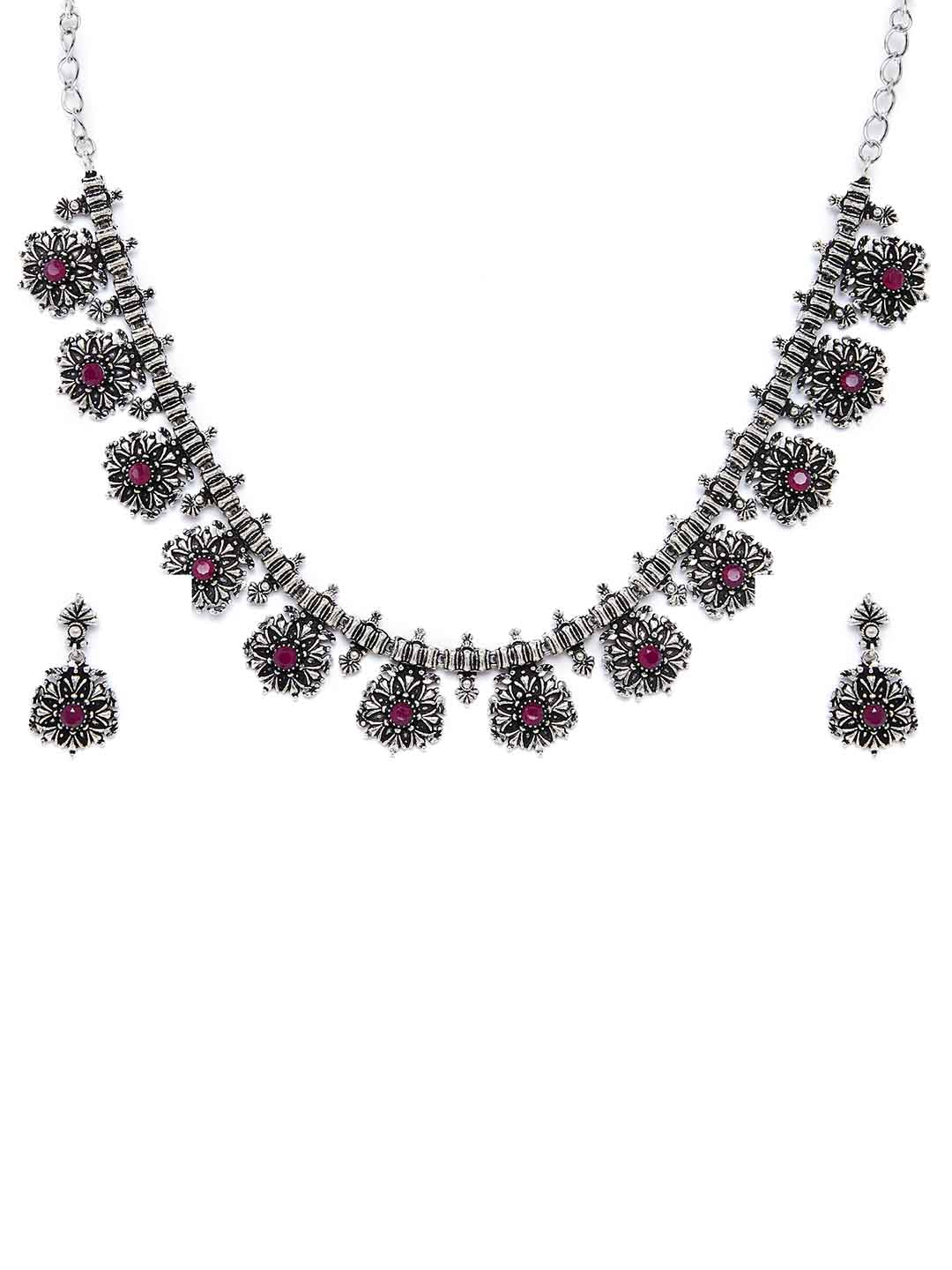 Women Silver-Plated & Pink Oxidised Stone-Studded Jewellery Set