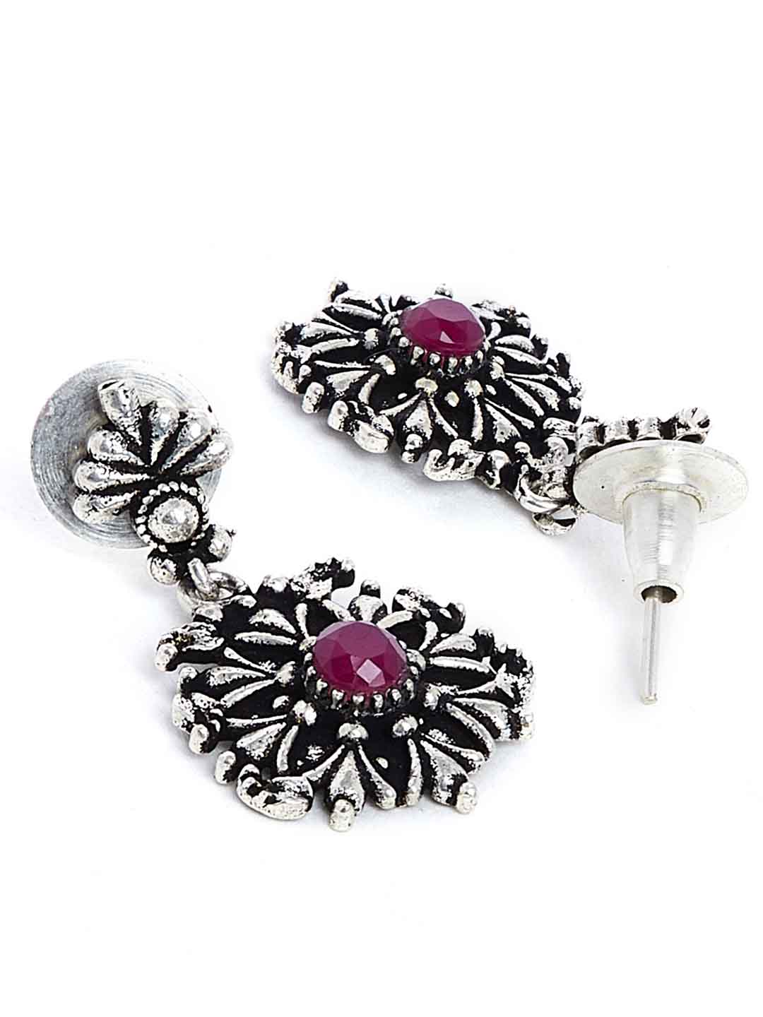 Women Silver-Plated & Pink Oxidised Stone-Studded Jewellery Set