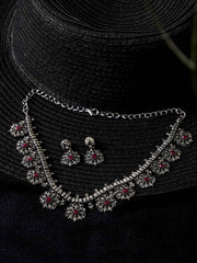 Women Silver-Plated & Pink Oxidised Stone-Studded Jewellery Set