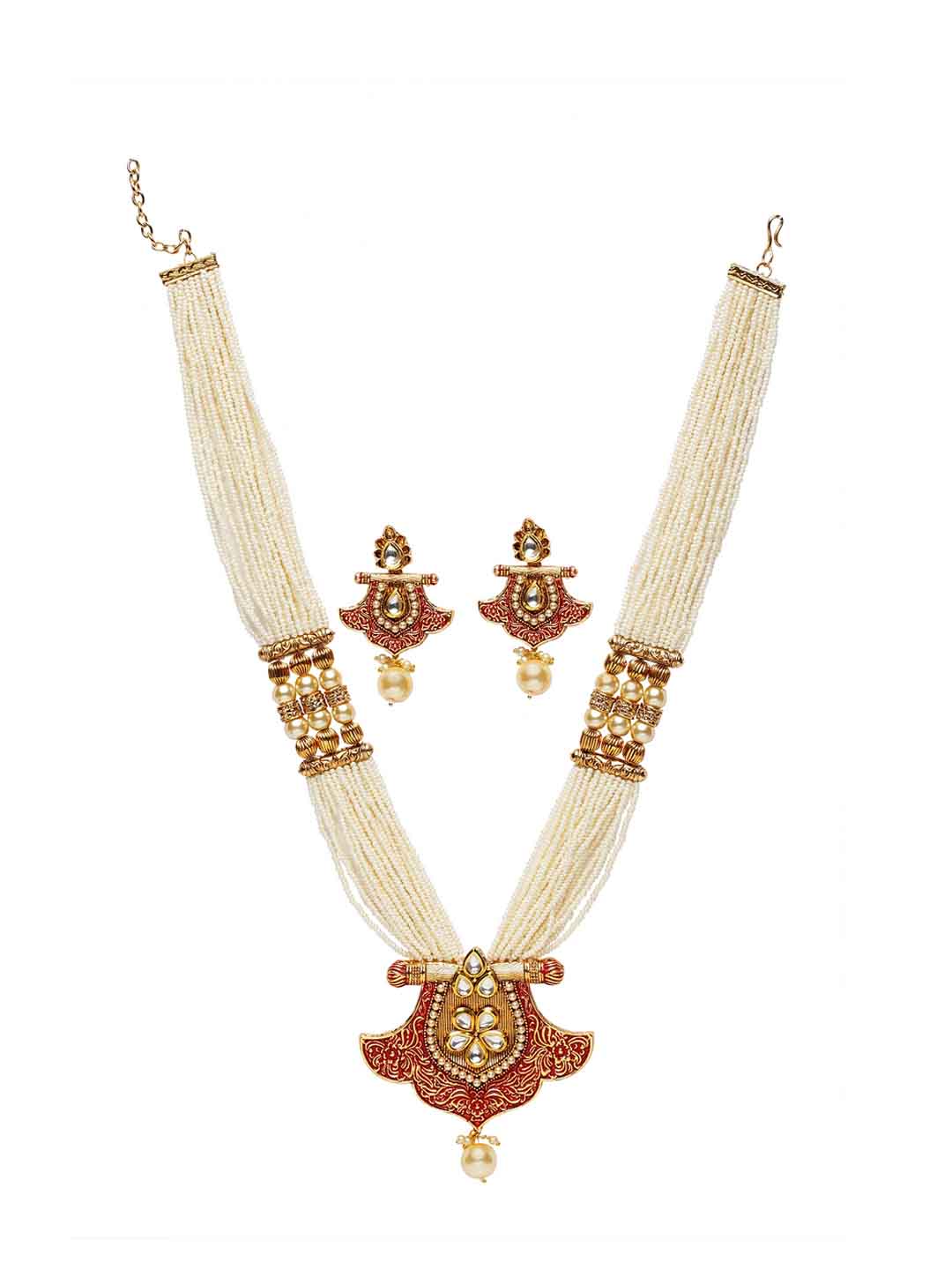 Gold-Plated White & Red Handcrafted Kundan-Studded & Beaded Jewellery Set