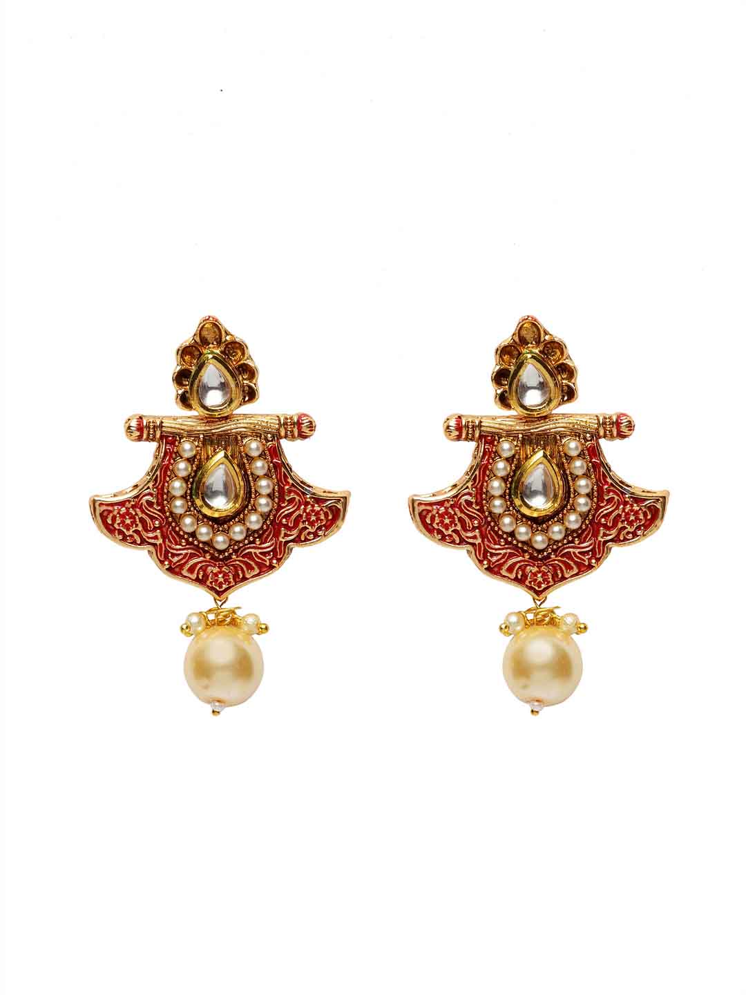 Gold-Plated White & Red Handcrafted Kundan-Studded & Beaded Jewellery Set