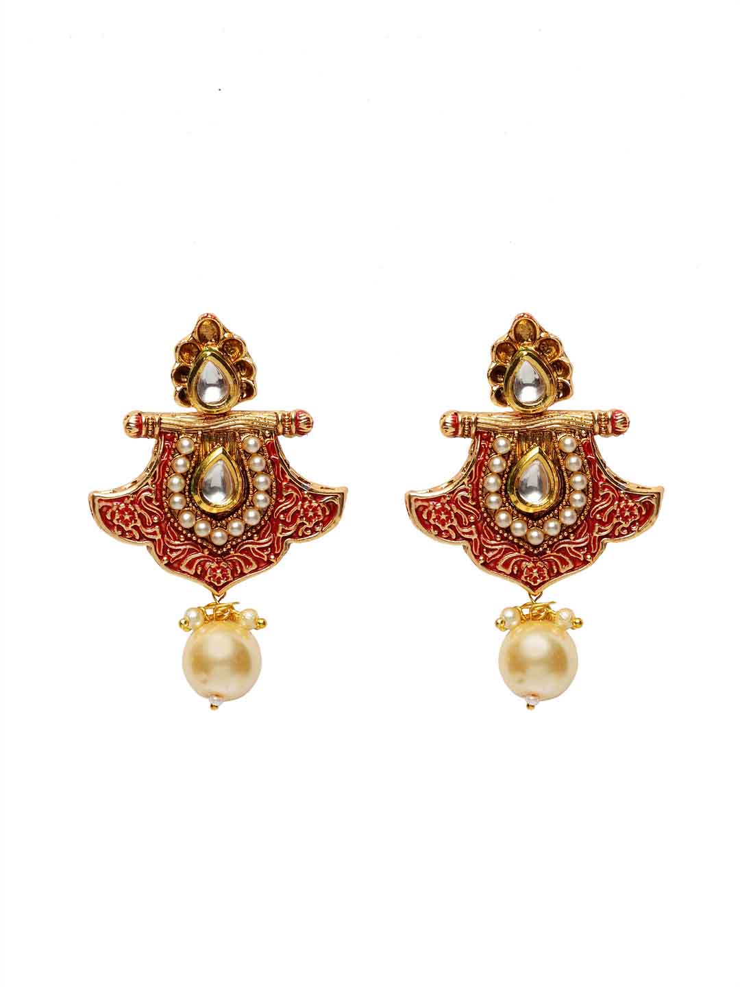 Gold-Plated White & Red Handcrafted Kundan-Studded & Beaded Jewellery Set