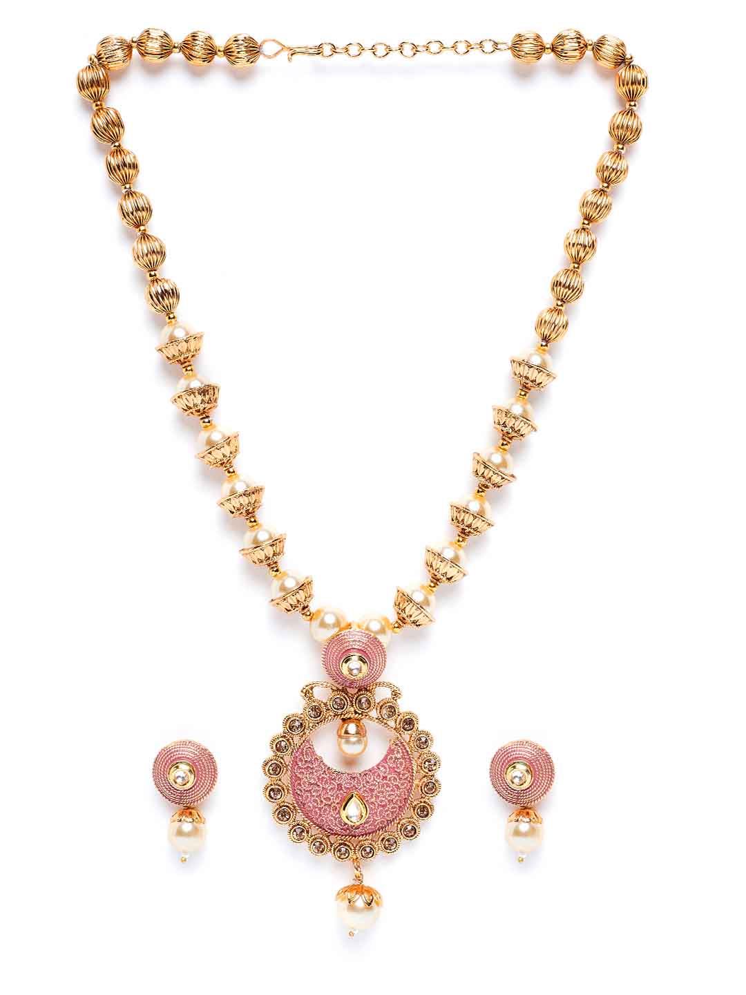 Women Gold-Plated, Pink Pearls Beaded Enameled Handcrafted Jewellery Set