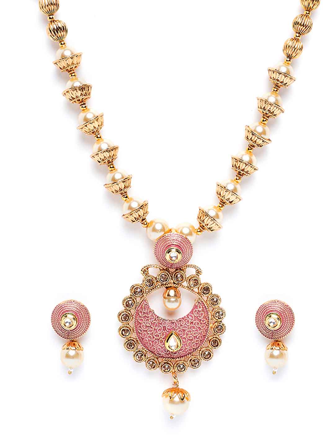 Women Gold-Plated, Pink Pearls Beaded Enameled Handcrafted Jewellery Set